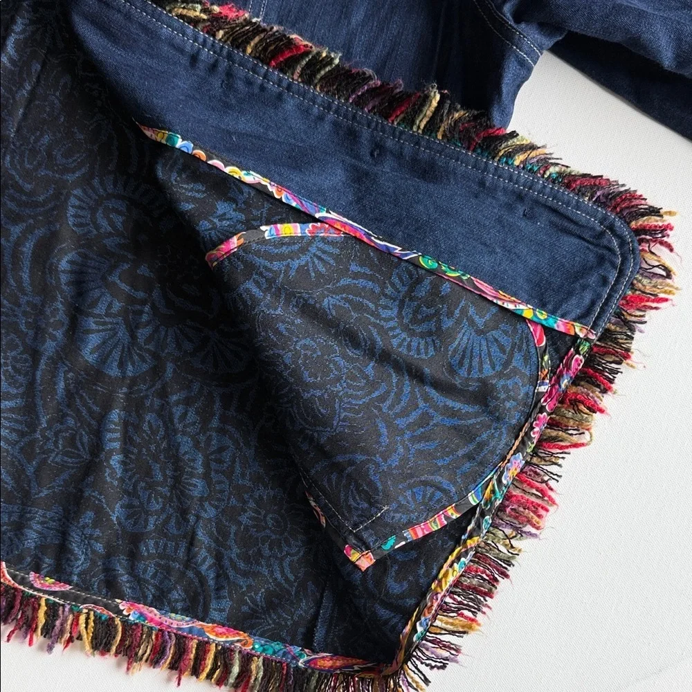 Koret Denim Jacket Fringe Trim Indigo Boho Jean Jacket Womens XL